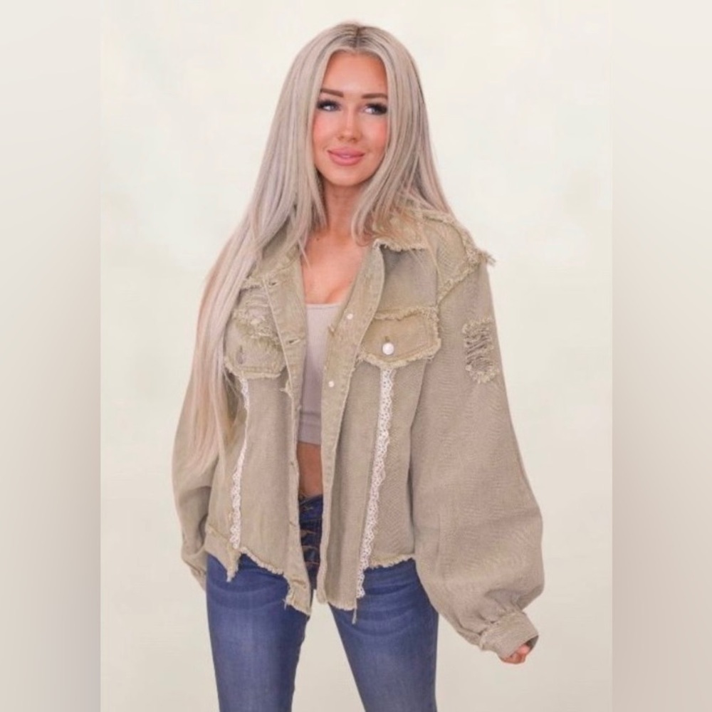NWT POL Oversized Mocha Herb Distressed Twill Jacket With Lace Trim Size Small